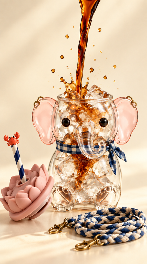 Cold brew pouring into the Mali glass elephant tumbler