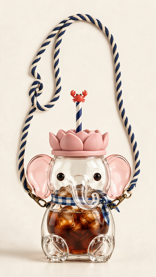 Mali glass elephant tumbler with pink lotus lid and rope strap