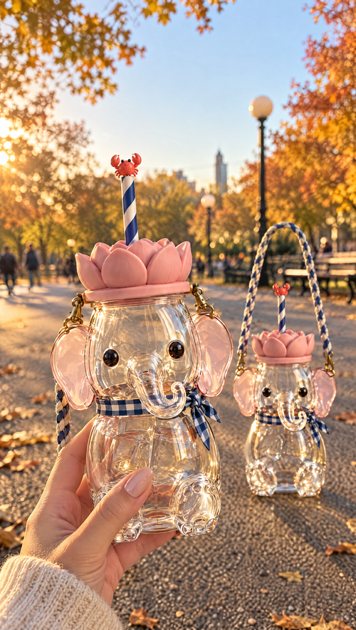 Two Mali glass elephant tumblers in an autumn park